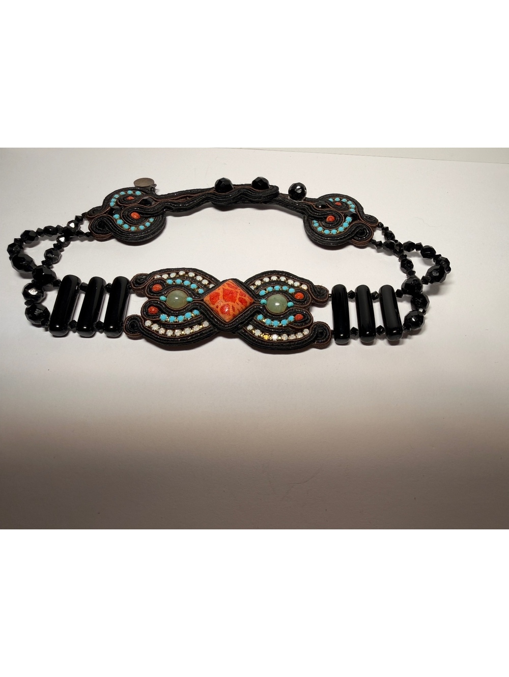 Dori Csengeri Beaded Embroidered Decorative Belt with Black and Turquoise Accr